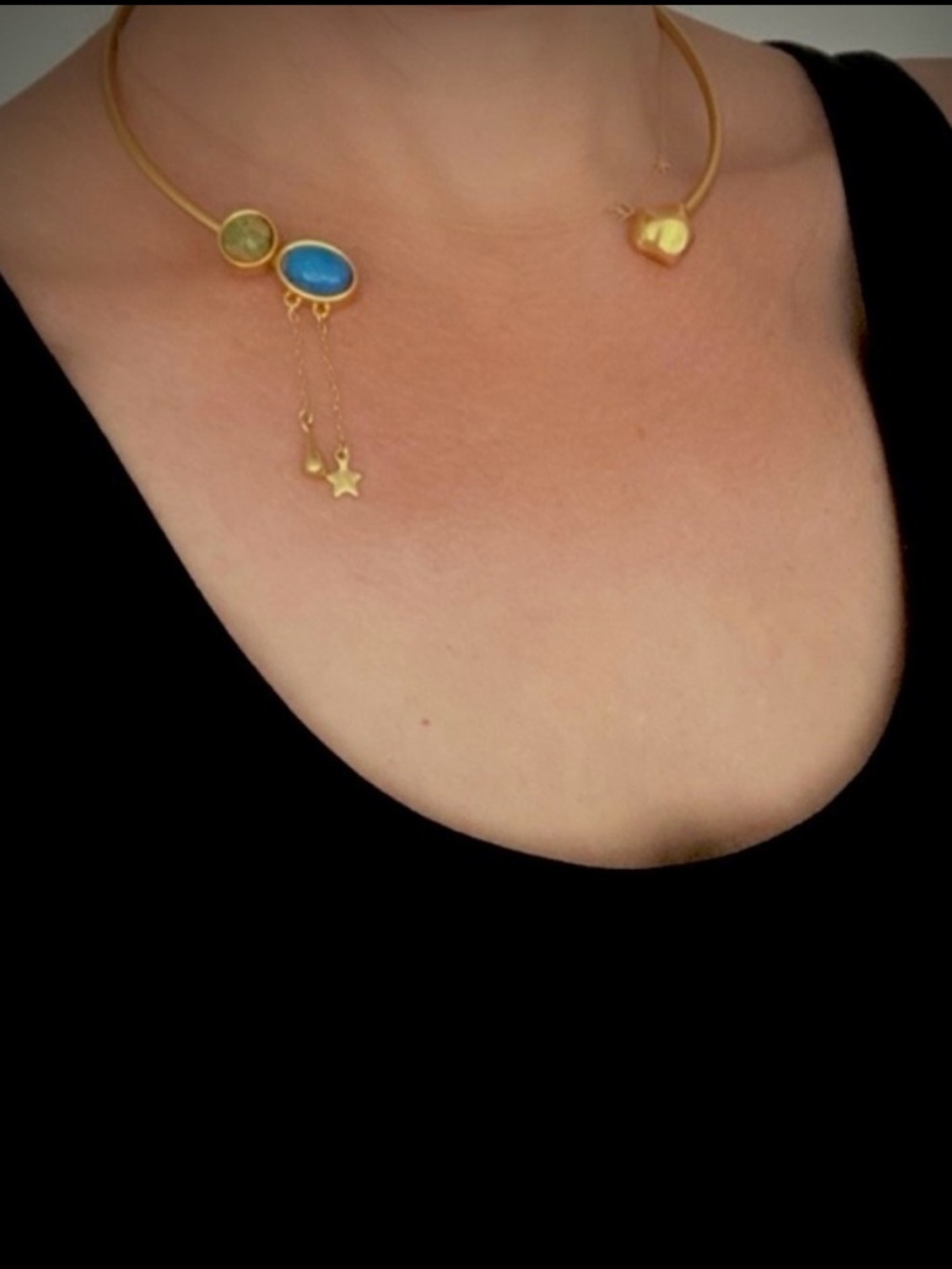 Chrysavi Celestial Gold Choker Necklace with Blue Green Stone Accents Star
